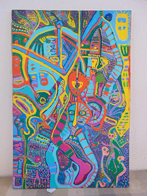 Painting, Louise Abrams, Outsider Art Collection,: Painting, Louise Abrams, Outsider Art Collection, acrylic on canvas 24" by 36", from the collection of the artist. This lot is part of a large collection of sculpture and paintings from a newly redisc