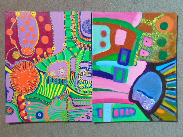2 paintings, Louise Abrams, Outsider Art Collection,: 2 paintings, Louise Abrams, Outsider Art Collection, acrylic on canvas board 14" by 18", from the collection of the artist. This lot is part of a large collection of sculpture and paintings from a new