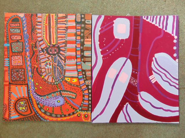 2 paintings, Louise Abrams, Outsider Art Collection,: 2 paintings, Louise Abrams, Outsider Art Collection, acrylic on artist board 16" by 20", from the collection of the artist. This lot is part of a large collection of sculpture and paintings from a new