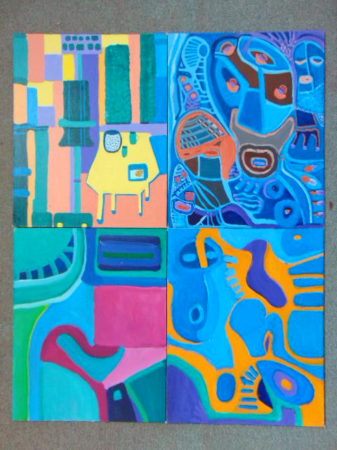 4 paintings, Louise Abrams, Outsider Art Collection,: 4 paintings, Louise Abrams, Outsider Art Collection, acrylic on artist board 16" by 20", from the collection of the artist. This lot is part of a large collection of sculpture and paintings from a new