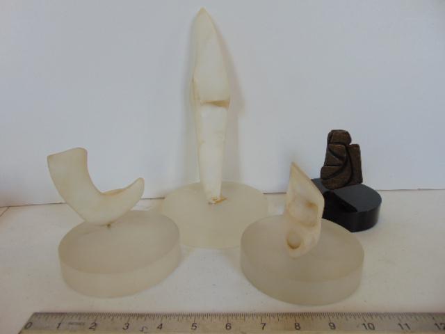 4 small stone carved sculptures, Louise Abrams,: 4 small stone carved sculptures, Louise Abrams, Outsider Art Collection, carved alabaster, brown stone, one is loose from Lucite base, from the collection of the artist. This lot is part of a large co