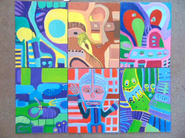 6 paintings, Louise Abrams, Outsider Art Collection,: 6 paintings, Louise Abrams, Outsider Art Collection, acrylic on artist board 11" by 14", from the collection of the artist. This lot is part of a large collection of sculpture and paintings from a new