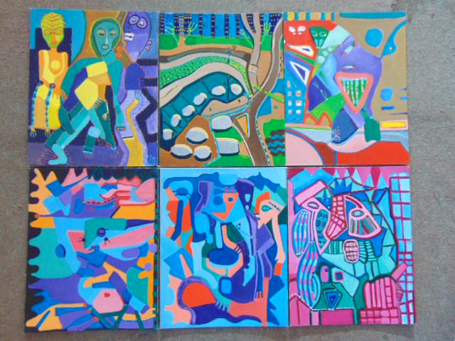 6 paintings, Louise Abrams, Outsider Art Collection,: 6 paintings, Louise Abrams, Outsider Art Collection, acrylic on artist board 16" by 20", from the collection of the artist. This lot is part of a large collection of sculpture and paintings from a new