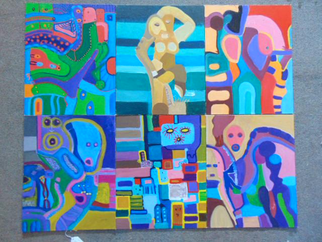 6 paintings, Louise Abrams, Outsider Art Collection,: 6 paintings, Louise Abrams, Outsider Art Collection, acrylic on artist board 16" by 20", from the collection of the artist. This lot is part of a large collection of sculpture and paintings from a new