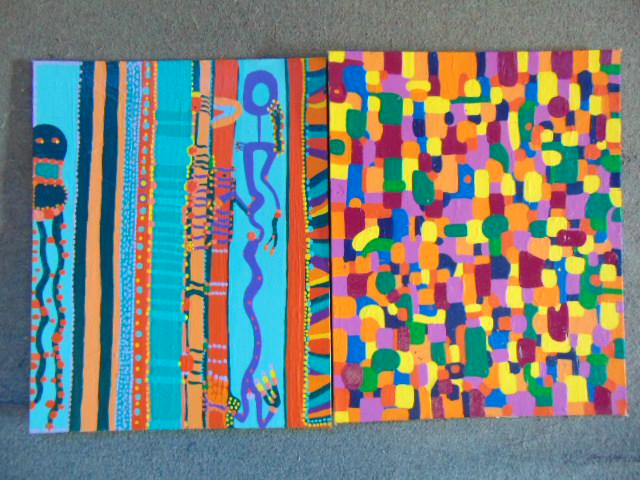 2 paintings, Louise Abrams, Outsider Art Collection,: 2 paintings, Louise Abrams, Outsider Art Collection, acrylic on artist board 16" by 20", from the collection of the artist. This lot is part of a large collection of sculpture and paintings from a new
