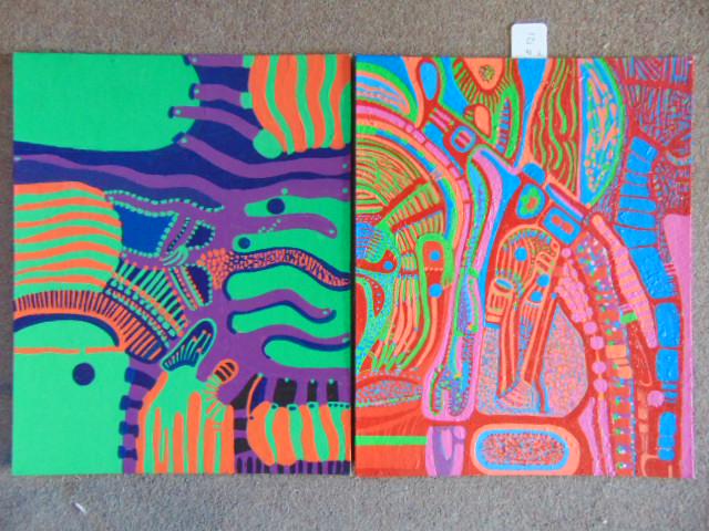 2 paintings, Louise Abrams, Outsider Art Collection,: 2 paintings, Louise Abrams, Outsider Art Collection, acrylic on artist board 16" by 20", from the collection of the artist. This lot is part of a large collection of sculpture and paintings from a new