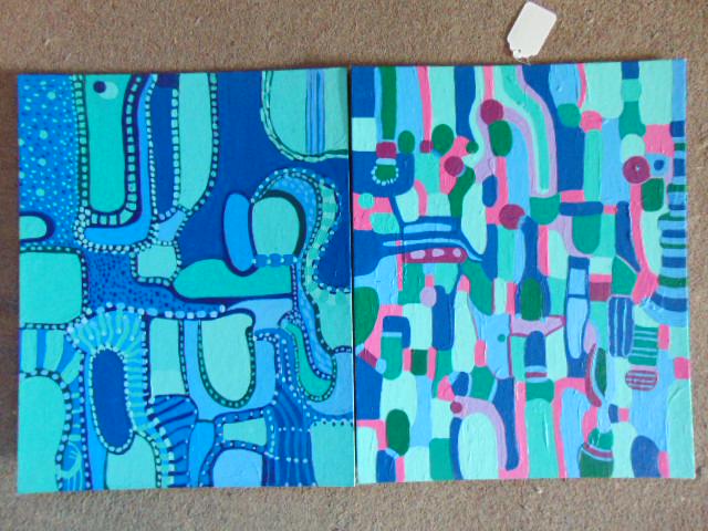 2 paintings, Louise Abrams, Outsider Art Collection,: 2 paintings, Louise Abrams, Outsider Art Collection, acrylic on artist board 16" by 20", from the collection of the artist. This lot is part of a large collection of sculpture and paintings from a new