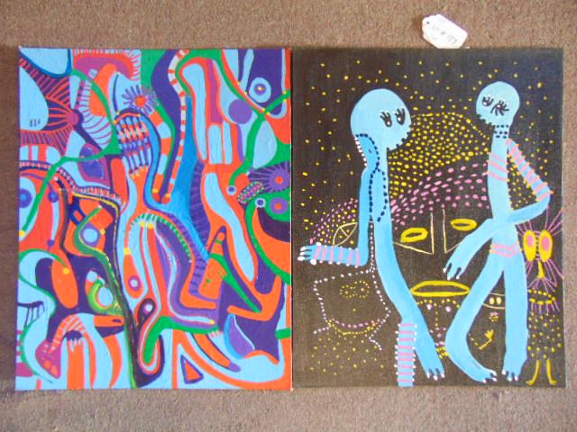 2 paintings, Louise Abrams, Outsider Art Collection,: 2 paintings, Louise Abrams, Outsider Art Collection, acrylic on artist board 16" by 20", from the collection of the artist. This lot is part of a large collection of sculpture and paintings from a new