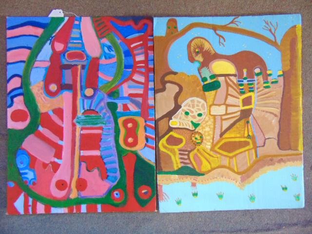 2 paintings, Louise Abrams, Outsider Art Collection,: 2 paintings, Louise Abrams, Outsider Art Collection, acrylic on artist board & acrylic on cardboard 18" by 24"", from the collection of the artist. This lot is part of a large collection of sculpture 