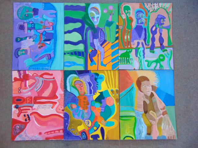 6 paintings, Louise Abrams, Outsider Art Collection,: 6 paintings, Louise Abrams, Outsider Art Collection, acrylic on artist board 4 are 16" by 20", two are 15" by 20", from the collection of the artist. This lot is part of a large collection of sculptur