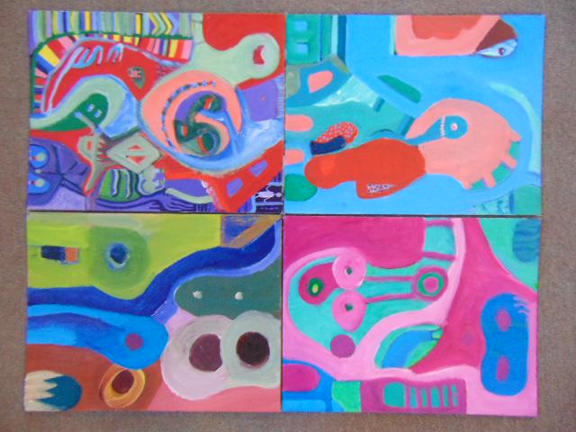 4 paintings, Louise Abrams, Outsider Art Collection,: 4 paintings, Louise Abrams, Outsider Art Collection, acrylic on artist board 14" by 18", from the collection of the artist. This lot is part of a large collection of sculpture and paintings from a new