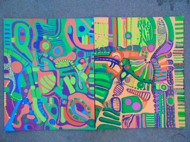 2 paintings, Louise Abrams, Outsider Art Collection,: 2 paintings, Louise Abrams, Outsider Art Collection, acrylic on artist board 16" by 20", from the collection of the artist. This lot is part of a large collection of sculpture and paintings from a new