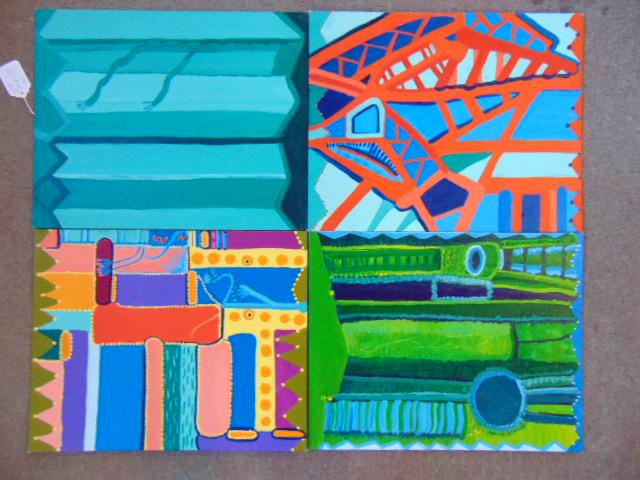 4 paintings, Louise Abrams, Outsider Art Collection,: 4 paintings, Louise Abrams, Outsider Art Collection, acrylic on artist board 16" by 20", from the collection of the artist. This lot is part of a large collection of sculpture and paintings from a new