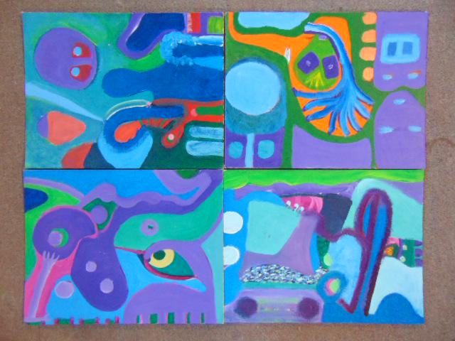 4 paintings, Louise Abrams, Outsider Art Collection,: 4 paintings, Louise Abrams, Outsider Art Collection, acrylic on artist board 14" by 18", from the collection of the artist. This lot is part of a large collection of sculpture and paintings from a new
