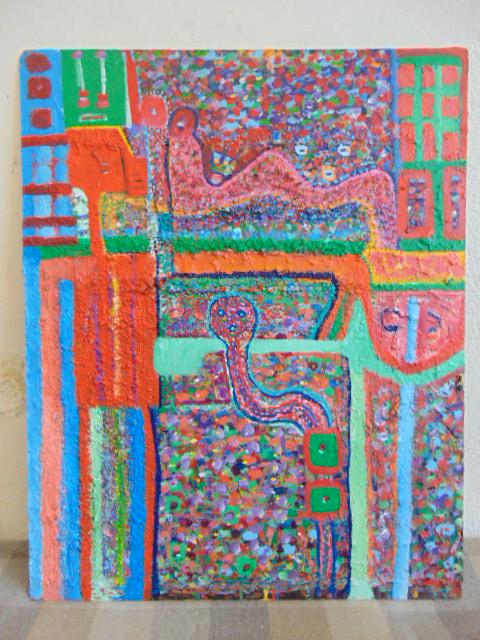 Painting, Louise Abrams, Outsider Art Collection,: Painting, Louise Abrams, Outsider Art Collection, acrylic on Masonite, 24" by 30", from the collection of the artist. This lot is part of a large collection of sculpture and paintings from a newly red