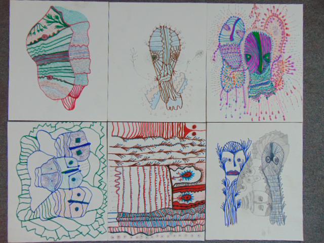 6 ink drawings, Louise Abrams, Outsider Art Collection,: 6 ink drawings, Louise Abrams, Outsider Art Collection, colored ink on paper 13.25" by 11", double sided, from the collection of the artist. This lot is part of a large collection of sculpture and pai