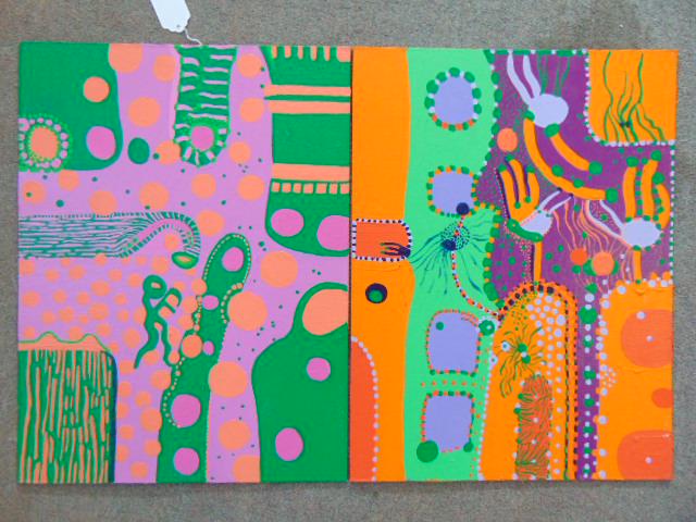 2 paintings, Louise Abrams, Outsider Art Collection,: 2 paintings, Louise Abrams, Outsider Art Collection, acrylic on canvas board, 18" by 24", from the collection of the artist. This lot is part of a large collection of sculpture and paintings from a ne