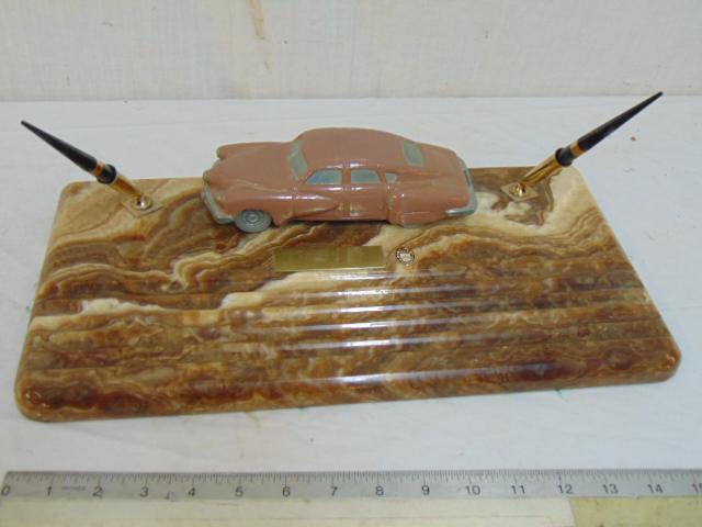 Tucker car desk set, onyx pen tray with pen holders &: Tucker car desk set, onyx pen tray with pen holders & Tucker '48 car model, "The Car of Tomorrow, Today", 16.5" by 8.75", good condition.