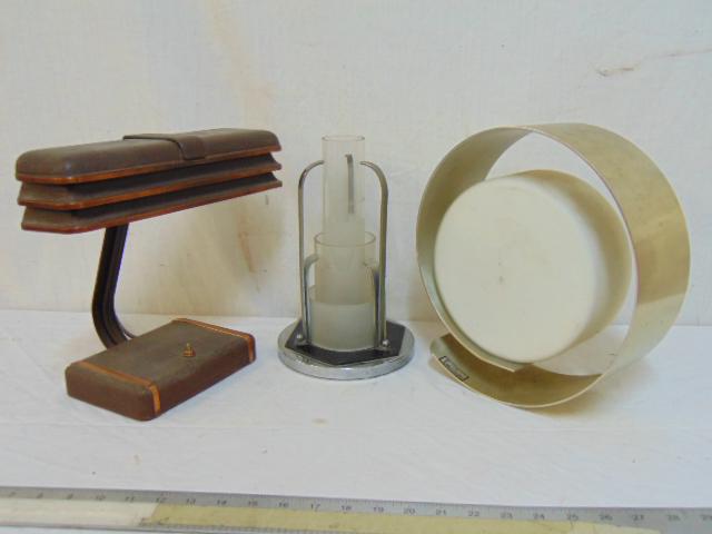 3 Art Deco lamps, Pierre Cardin & other, includes: 3 Art Deco lamps, Pierre Cardin & other, includes Chrome & glass tubular lamp 10.5" tall; desk lamp in brown paint with copper trim & Pierre Cardin spiral shaped lamp with milk glass center, 11.5" tal