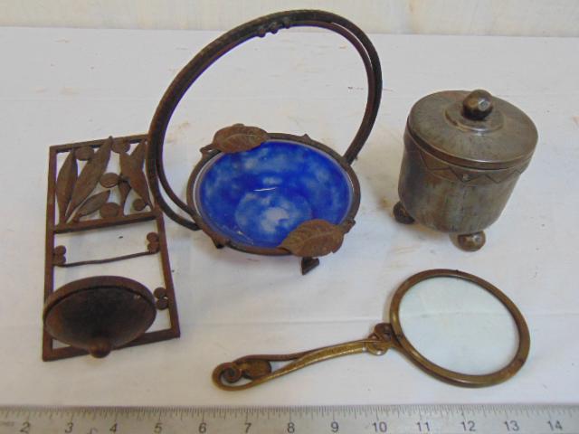 4 piece iron & bronze lot, including bronze art nouveau: 4 piece iron & bronze lot, including bronze art nouveau magnifying glass (signed); iron basket with Muller Frere art glass insert; partial electric or candle sconce, elements are missing, Robj, Paris 