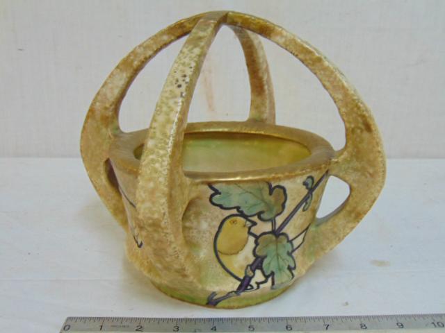 Amphora bowl with crossed handle, decorated with: Amphora bowl with crossed handle, decorated with flowers & birds with gilt detail, Austrian ceramics, bowl is 8.25" tall, diameter is 9.75",