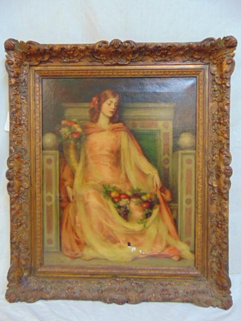 Painting, "Abundancia", Louise Cox, (Mrs Kenyon Cox),: Painting, "Abundancia", Louise Cox, (Mrs Kenyon Cox), oil on canvas, portrait of a lady with flowers, damage, tear & loss to bottom edge, canvas is 21.75" by 18.25" Pre Raphaelite