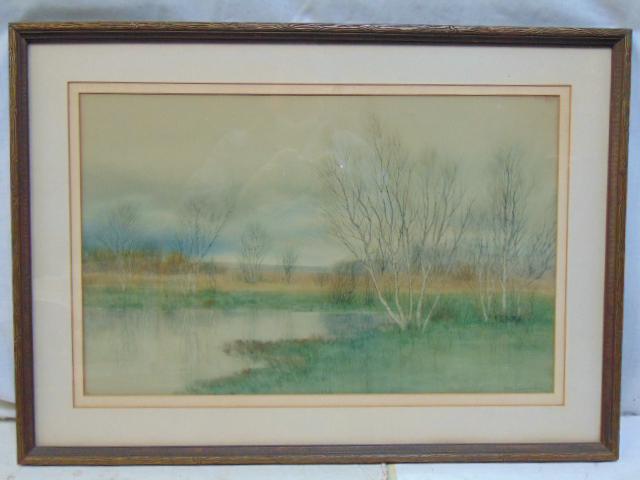 Drawing, landscape, George Howell Gay, pencil drawing,: Drawing, landscape, George Howell Gay, pencil drawing, pastel style landscape with pond & birch trees, signed, 14" by 22"