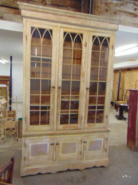 Country Gothic revival cabinet, French, triple door: French country Gothic revival cabinet, large triple door top cabinet in old paint, glazed top doors with Gothic top, triple door base, cabinet is 110.5" tall, 65.25" wide, (width at the very top is 70