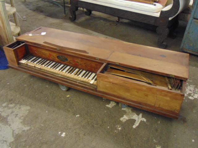 piano-forte, not a clavichord, by John Wind of Lancast: Early piano-forte, Clavichord type instrument, John Wind, Instrument maker of Lancaster, PA , as found, needs restoration, 62.75" by 22", legs broken off, we got some pieces.