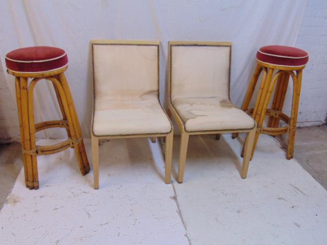 Pair chairs & pair rattan stools, two white painted: Pair chairs & pair rattan stools, two white painted upholstered side chairs & pair red seat rattan bar stools, chairs need to be reupholstered