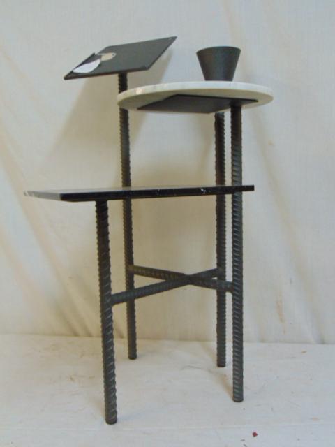 Philippe Starck telephone stand, postmodern telephone: Philippe Starck telephone stand, postmodern telephone table of steel rebar, steel and marble, by Philippe Starck for Ian Schrager's Paramount Hotel in New York City, comes with Starck book.Stand is 19