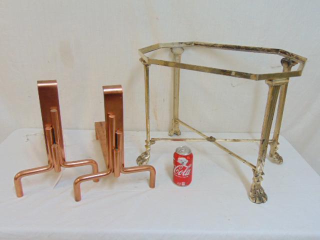 Art Deco copper andirons & table base, metal silver: Art Deco copper andirons & table base, metal silver finish side table base with claw feet & pair polished copper andirons.