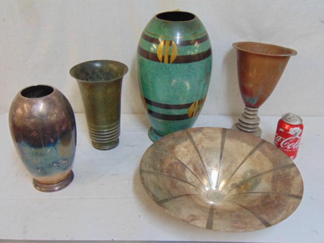 5 mixed metal vases & bowl, Carl Sorensen & other,: 5 mixed metal vases & bowl, Carl Sorensen & other, deco, MCM design, includes German silver plated bowl with line decoration, 13.75" in diameter, copper & aluminum vase, German silver-plate vase with 
