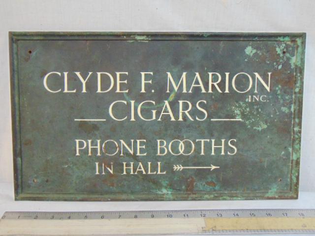 Bronze sign, "Cigars", "Phone Booths in Hall", sign is: Bronze sign, "Cigars", "Phone Booths in Hall", sign is 11" by 18.5" 1930's