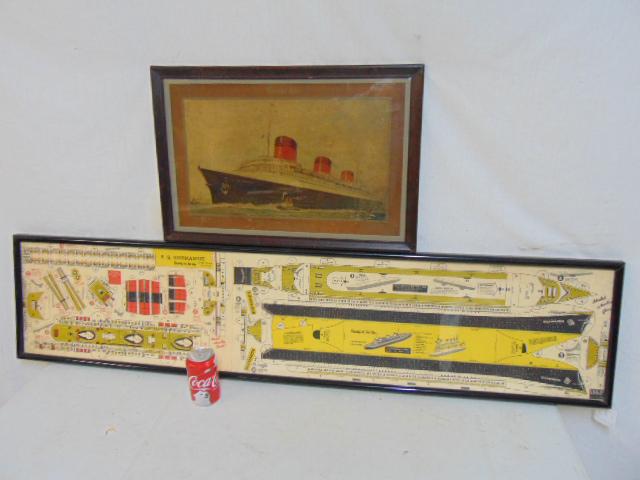 SS Normandie print & model kit, cardboard model, cut: SS Normandie print & model kit, cardboard model, cut out kit of the SS Normandie, "Ready to set up", framed, 11.25" by 53.75" plus chrome litho of SS Normandie, "The World's Largest Ship"