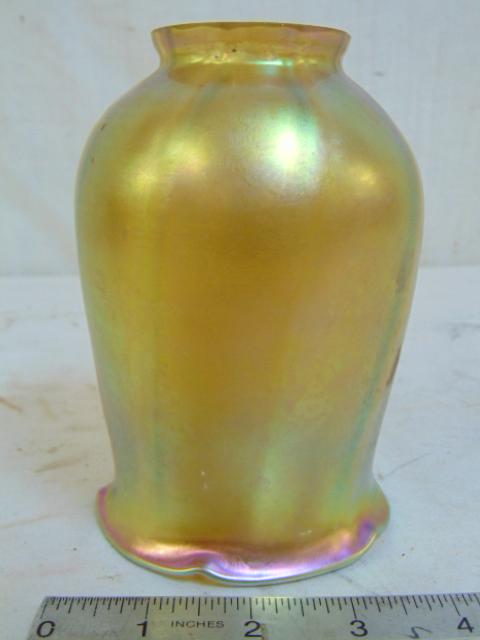 Favrile shade by Tiffany, 5 5/8", 2.25" fitting, good: Favrile shade by Tiffany, 5 5/8", 2.25" fitting, good condition, signed.