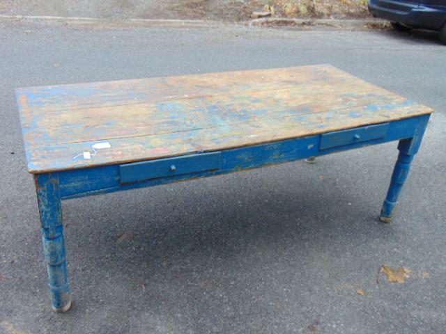 Country pine harvest table in old blue paint, double: Country pine harvest table in old blue paint, double drawer, table is 83.5" by 38", height is 30.5"