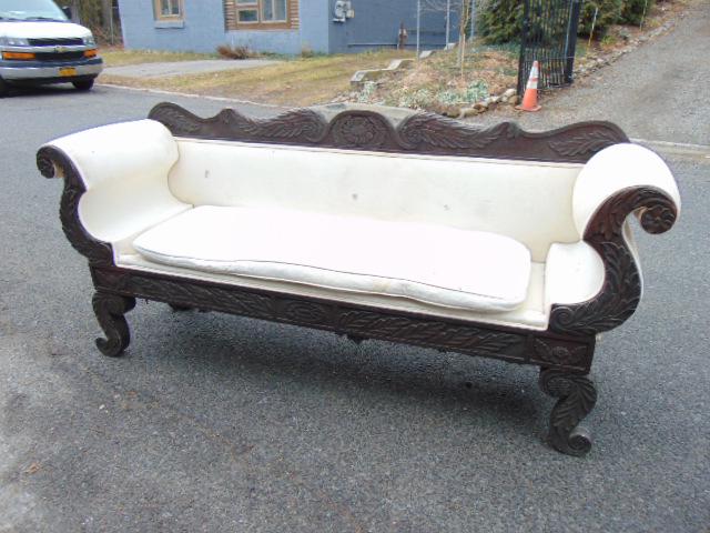 Antique Anglo Caribbean scrolled arm sofa: Antique Anglo Caribbean scrolled arm sofa, carved oak leaf decoration, curled legs, upholstery needs cleaning, sofa is 82" by 24", height is 36.5"