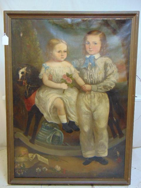 Painting, boy & girl, 19th Century, folk art oil on: Painting, boy & girl, 19th Century, folk art oil on canvas, unsigned, well dressed boy & girl on toy horse, canvas is loose, needs to be re-stretched, canvas is 50" by 36"