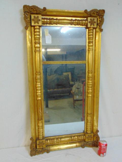 Antique double panel gilt mirror, carved detail: Antique double panel gilt mirror, columns & carved detail, mirror is 44" by 23"