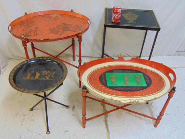 4 tole, paint decorated tray tables, stand, Italian: 4 tole, paint decorated tray tables, stand, Italian made, two in red with removable tray top, one small black paint decorated stand with collapsible base & small stand.