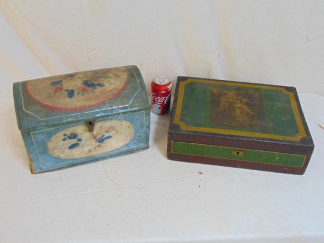 Two early paint decorated boxes, Nordic dome top floral: Two early paint decorated boxes, Nordic dome top floral decorated box, 13" b y 7 75", height is 8.5", with loose bottom panel and lid needs some work & paint decorated box with woman reaching through 