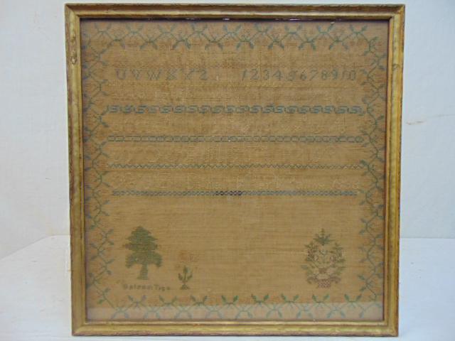 Early needlepoint sampler, 1838, Balsam Tree, alphabet,: Early needlepoint sampler, 1838, Balsam Tree, alphabet, numbers, 17" by 17"