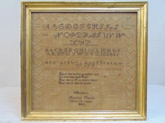 Early needlepoint sampler, 1826, wrought by Lucretia: Early needlepoint sampler, 1826, wrought by Lucretia Hudson, aged 14 years, 15.75" by 16.75"