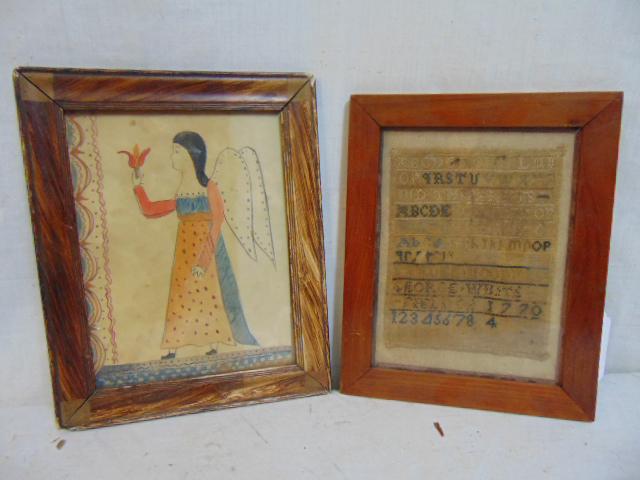 Sampler & primitive watercolor, small sampler, faded,: Sampler & primitive watercolor, small sampler, faded, "George White, 1770" & small watercolor angel with flower.