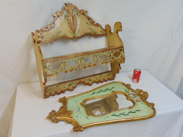 Paint decorated shelf & mirror, shelf has three round: Paint decorated shelf & mirror, shelf has three round cutouts, 25.5" by 8", height is 26.75", mirror is 31" by 18.5"