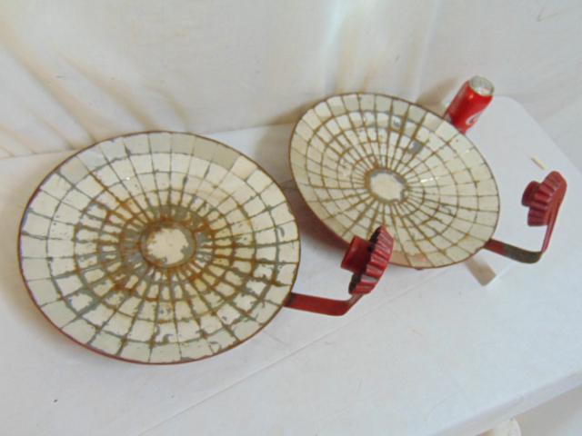 Pair antique tole mirrored sconces, red paint: Pair antique tole mirrored sconces, red painted tole with mirrored reflectors, candle holder, each sconce is 15" in diameter