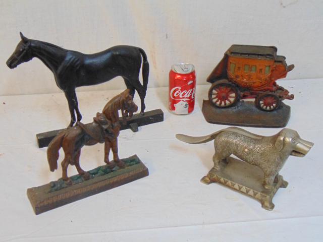 4 iron pieces, 3 doorstops & dog nut cracker.,: 4 iron pieces, 3 doorstops & dog nut cracker., doorstops includes2 horses & stagecoach.Nutcracker made by The L A Althoff MFG CO Inc Chicago, Ill.