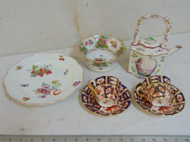 Porcelain lot, Meissen, Dresden , Royal Crown Derby,: Porcelain lot, Meissen, Dresden , Royal Crown Derby, includes floral decorated 9" plate by Meissen (plate is worn, has chip backside rim), pair cups & saucers, Royal Crown Derby, Dresden reticulated f
