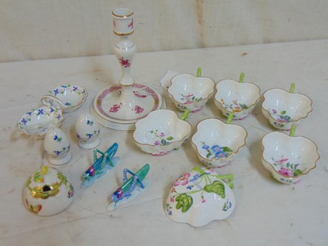Herend porcelain lot, candleholder, 7 cups with floral: Herend porcelain lot, candleholder, 7 cups with floral decorated detail (no saucers), salt cellar, salt & pepper shaker, pair grasshoppers & domed sugar bowl .